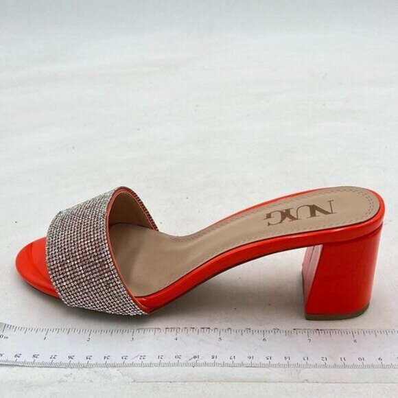 Orange Open Toe Rhinestones Slip On Slide Sandals Chunky Heel Backless Mule - Picture 1 of 8
